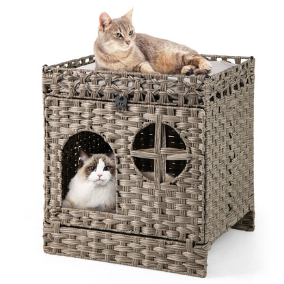 Foldable 2-Tier Rattan Cat Litter Box Enclosure With Mat, Gray Cat Houses at Gallery Canada