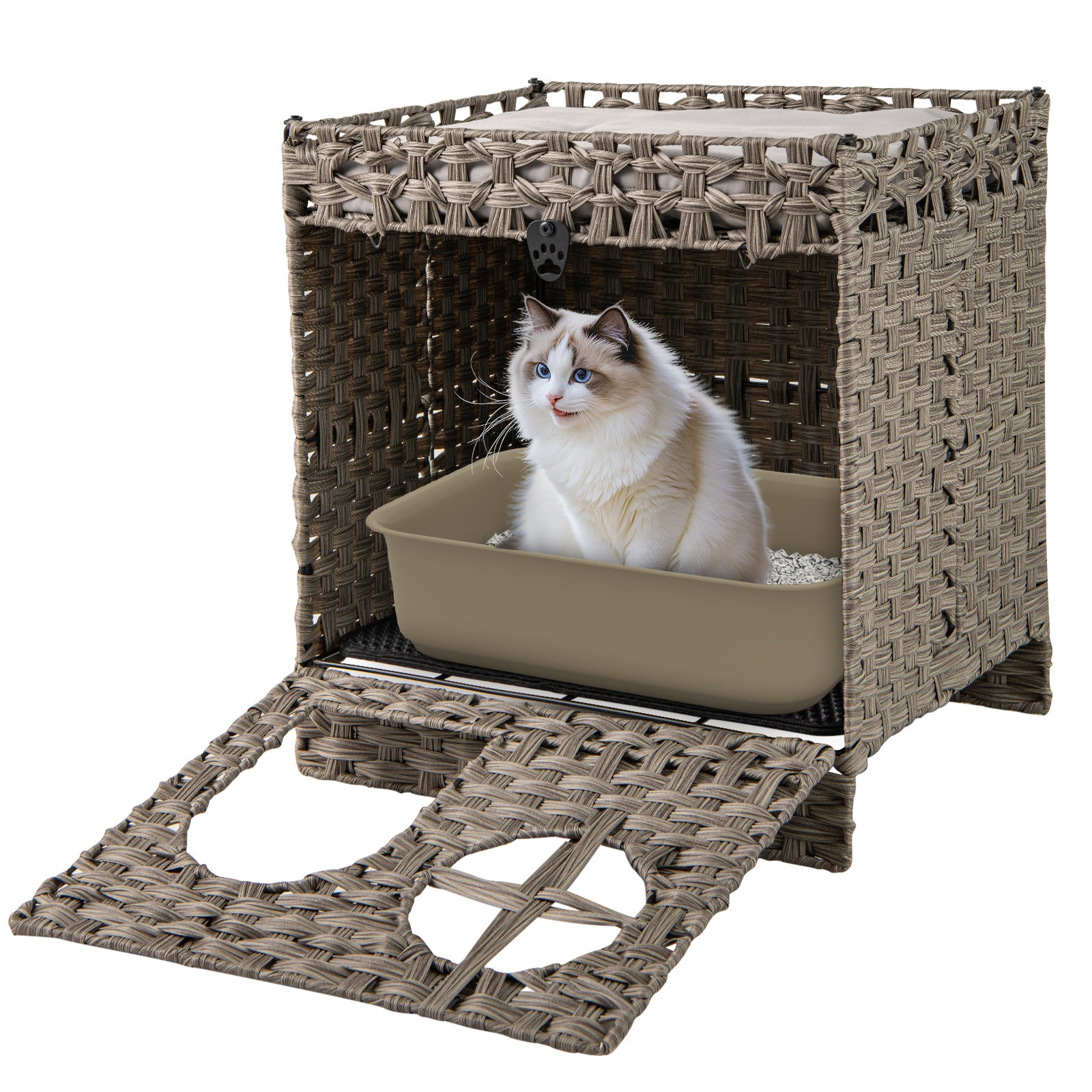 Foldable 2-Tier Rattan Cat Litter Box Enclosure With Mat, Gray Cat Houses at Gallery Canada