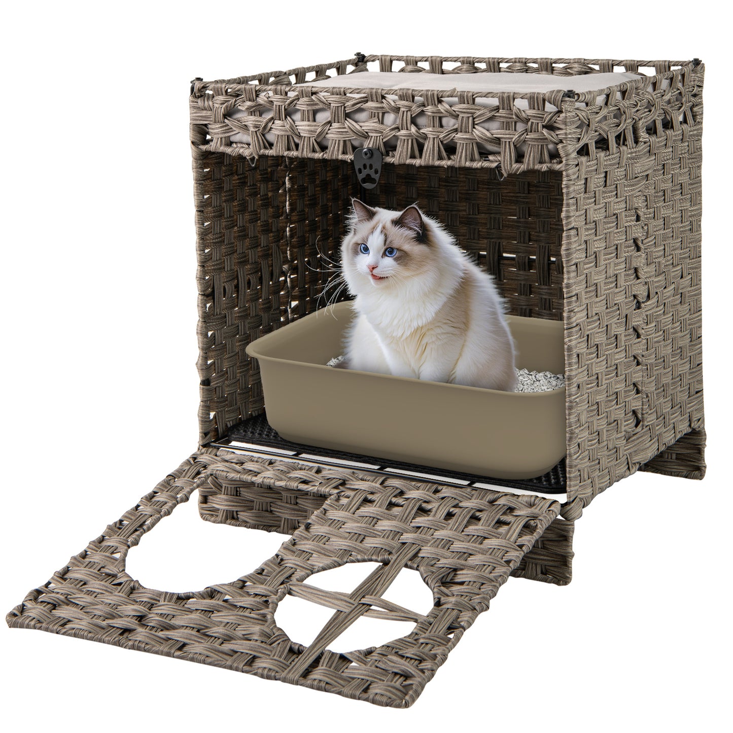 Foldable 2-Tier Rattan Cat Litter Box Enclosure With Mat, Gray Cat Houses at Gallery Canada