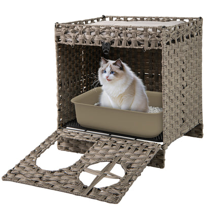 Foldable 2-Tier Rattan Cat Litter Box Enclosure With Mat, Gray Cat Houses at Gallery Canada