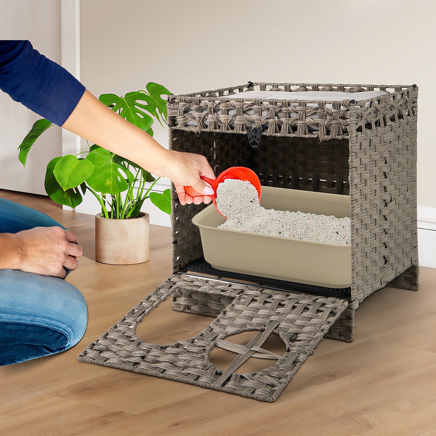 Foldable 2-Tier Rattan Cat Litter Box Enclosure With Mat, Gray Cat Houses at Gallery Canada