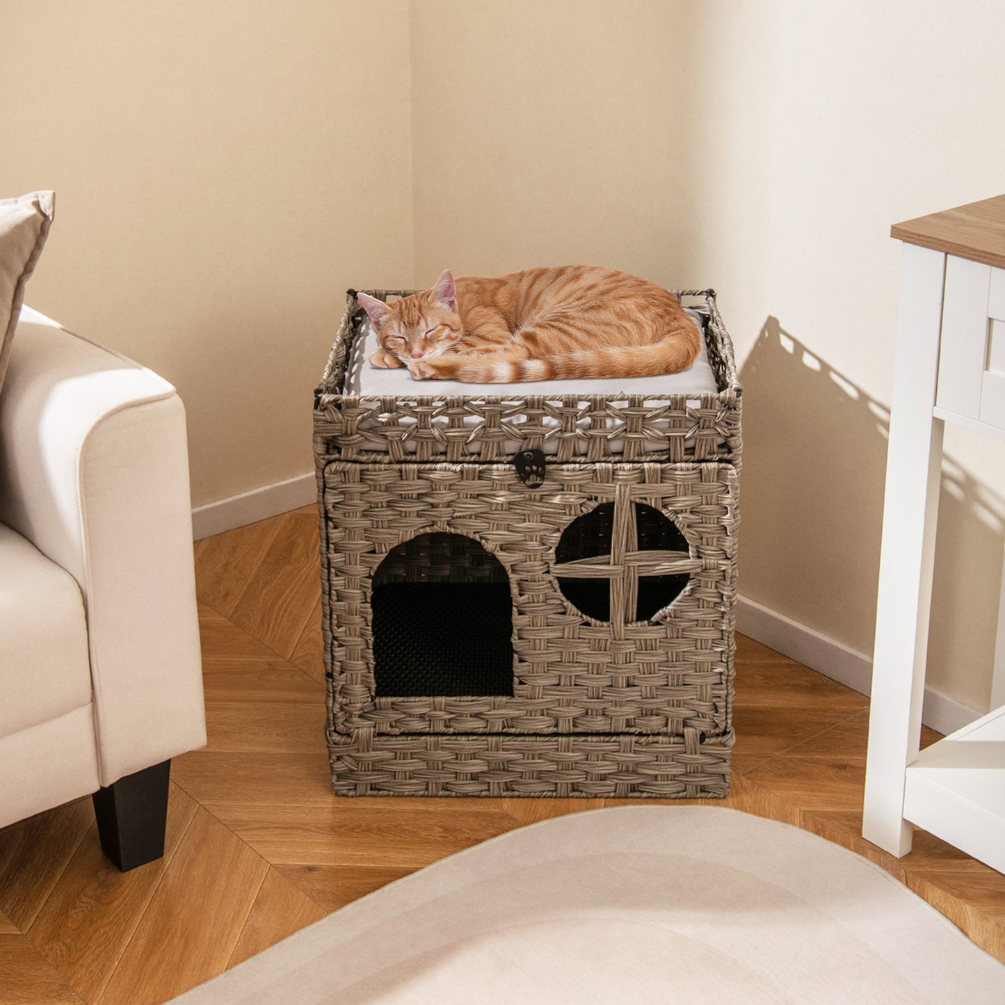 Foldable 2-Tier Rattan Cat Litter Box Enclosure With Mat, Gray Cat Houses at Gallery Canada