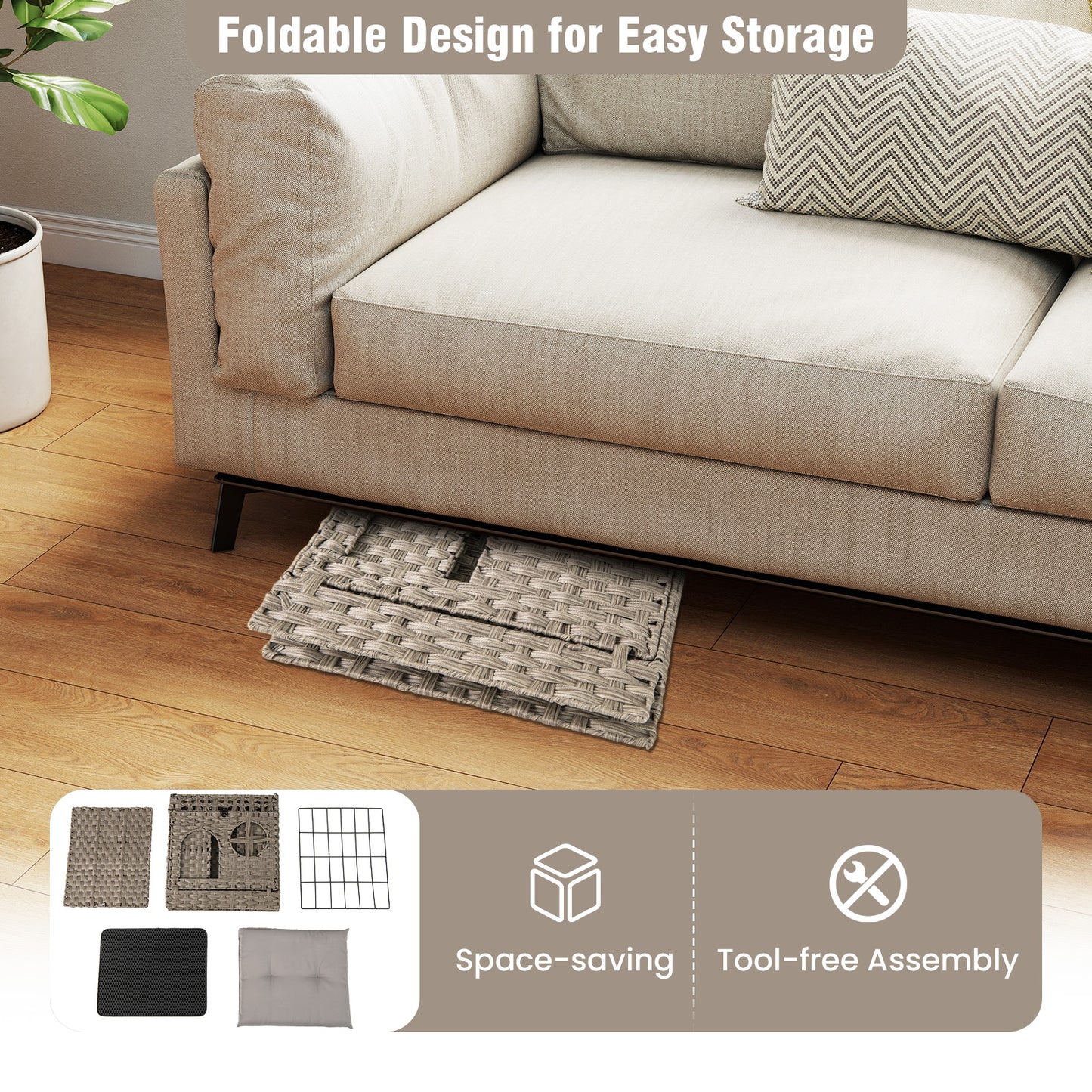 Foldable 2-Tier Rattan Cat Litter Box Enclosure With Mat, Gray Cat Houses at Gallery Canada