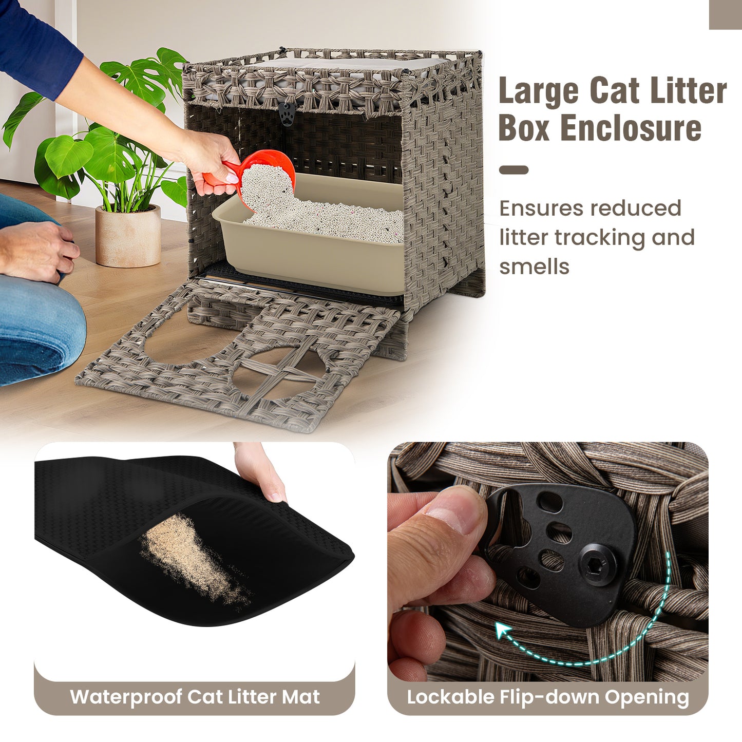 Foldable 2-Tier Rattan Cat Litter Box Enclosure With Mat, Gray Cat Houses at Gallery Canada
