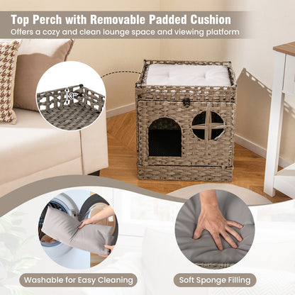 Foldable 2-Tier Rattan Cat Litter Box Enclosure With Mat, Gray Cat Houses at Gallery Canada