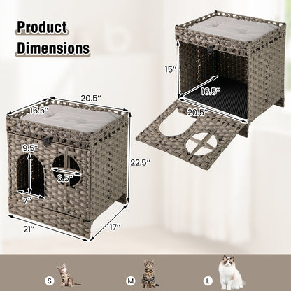 Foldable 2-Tier Rattan Cat Litter Box Enclosure With Mat, Gray Cat Houses at Gallery Canada