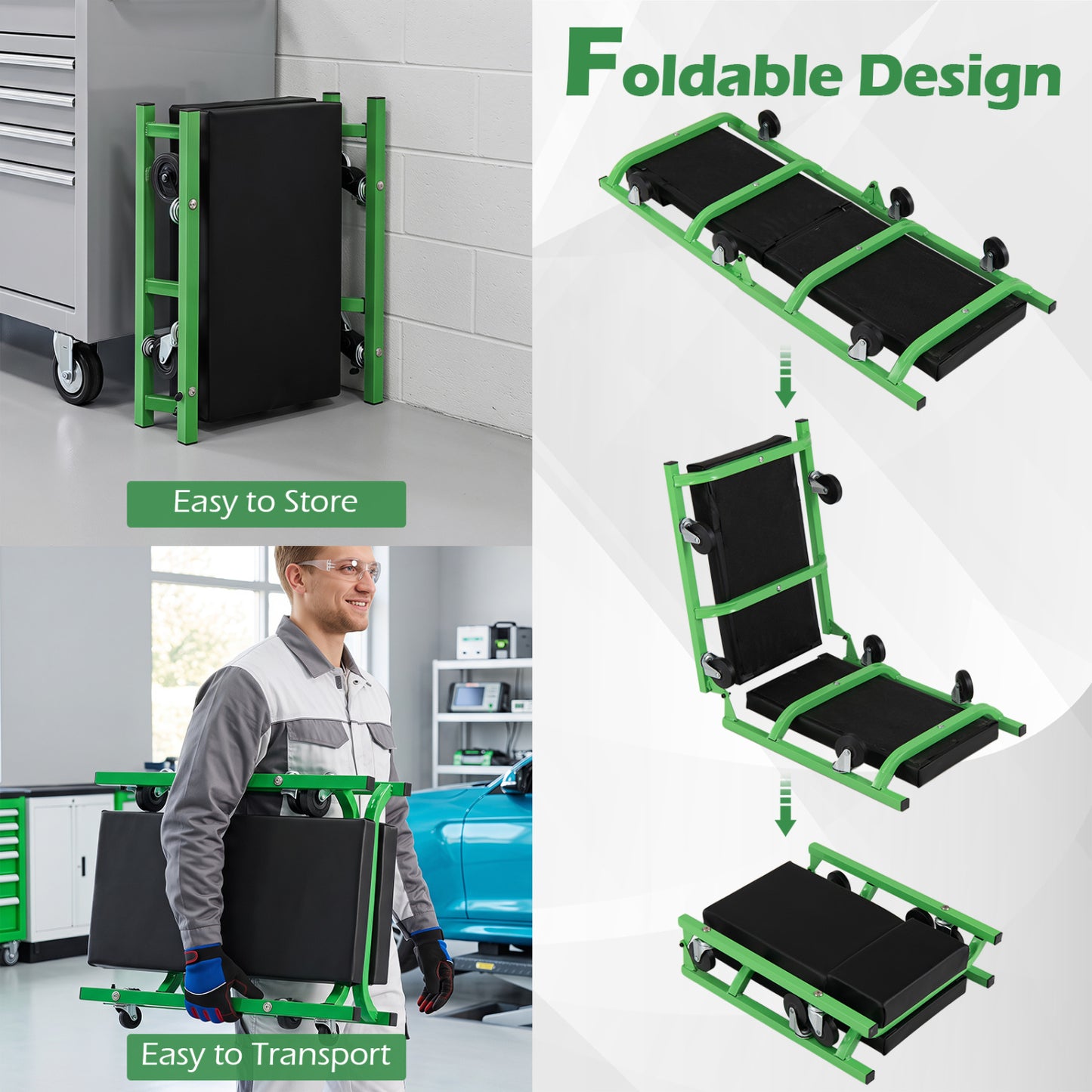 Foldable Automotive Creeper, 360° Swivel Wheels, 330 Lbs, Green