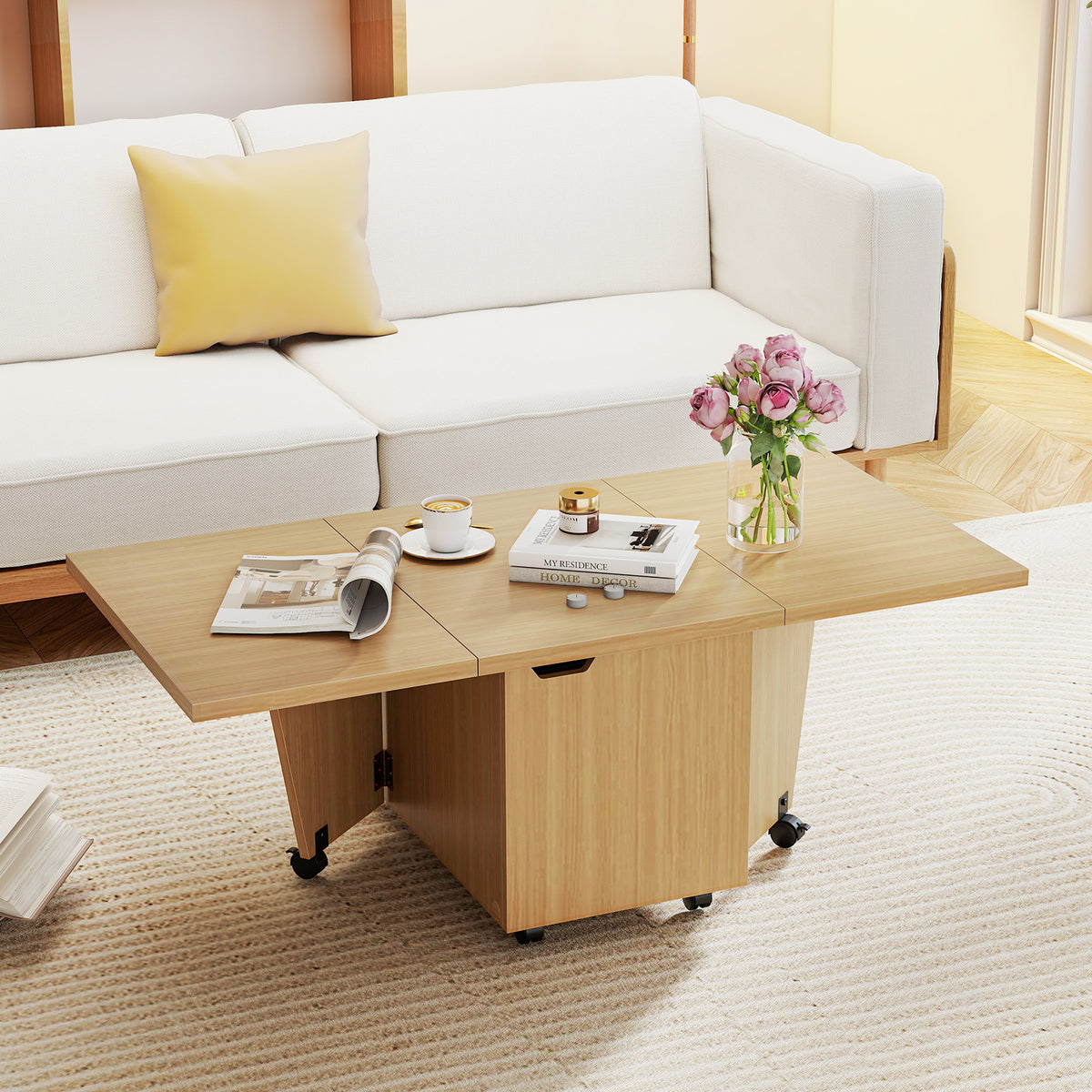 Foldable Coffee Table With Storage Cabinet, Extendable Center Table, Oak Coffee Tables at Gallery Canada