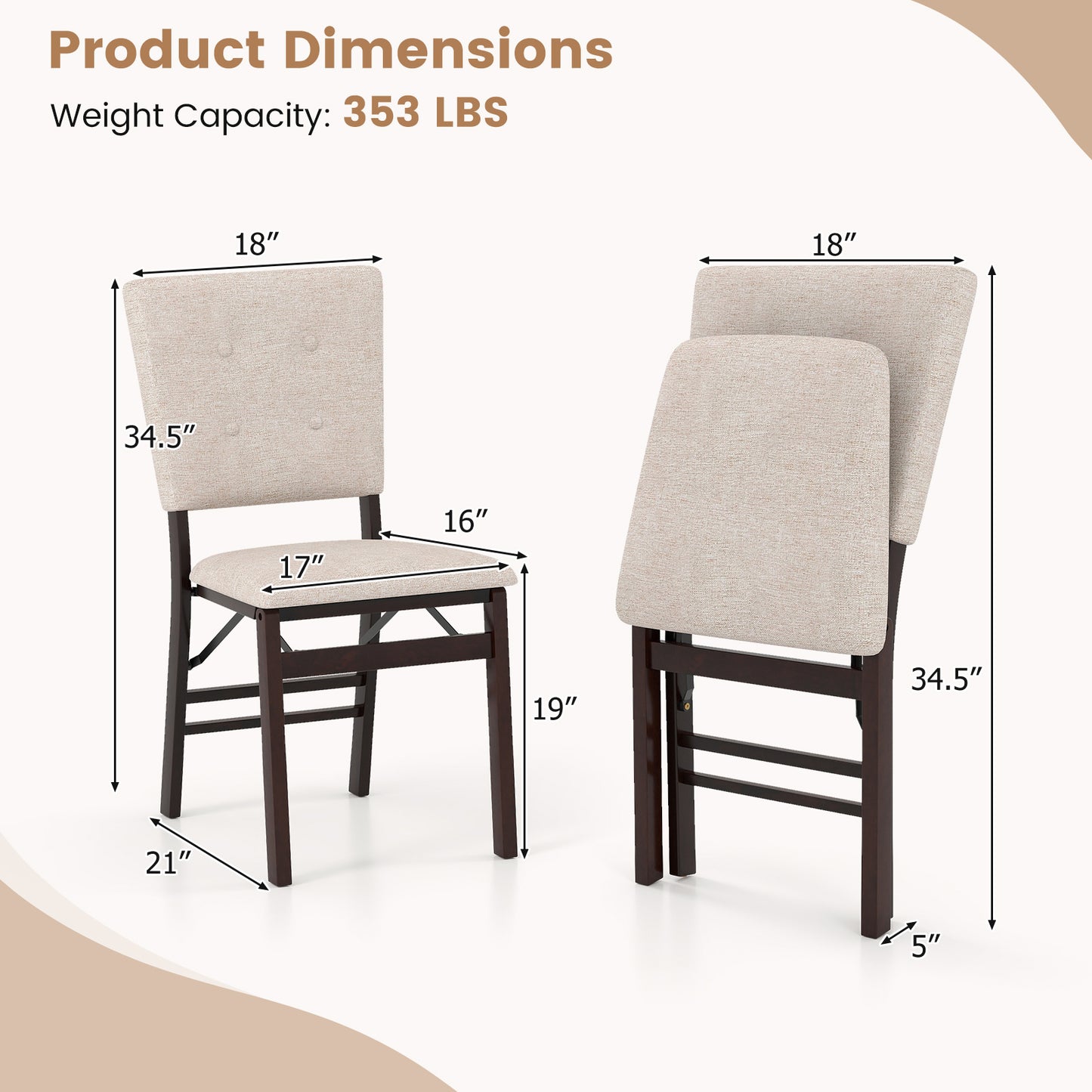 Foldable Dining Chair Set, 2 Armless Kitchen Chairs, Padded Seat, Beige Dining Chairs at Gallery Canada
