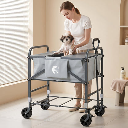 Chariot de bain pour chien pliable, hauteur réglable, 4 roues, noir et gris