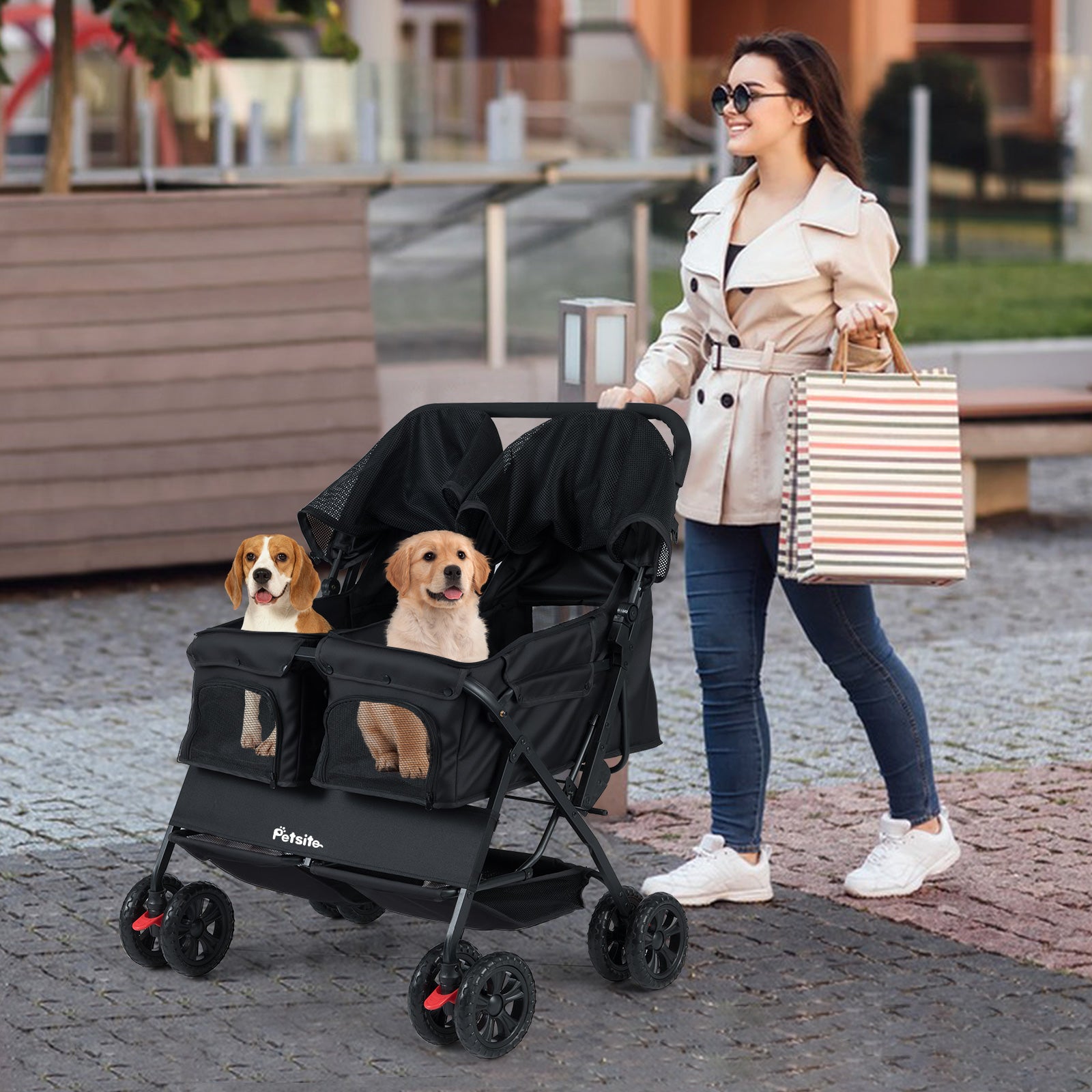 Foldable Double Pet Stroller, Adjustable Sunshade, Storage Basket, Black Cat Supplies at Gallery Canada