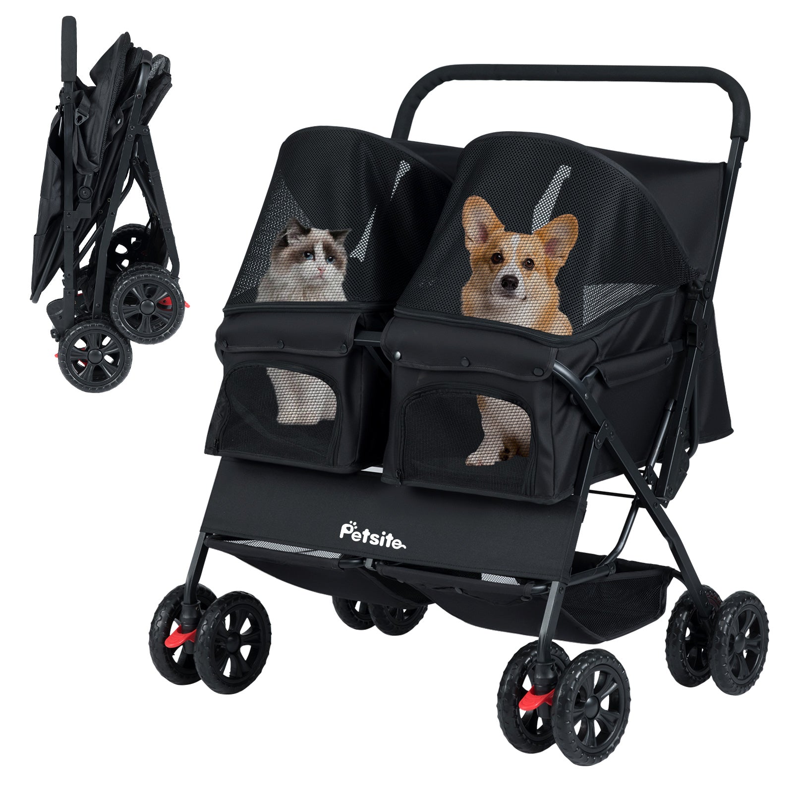 Foldable Double Pet Stroller, Adjustable Sunshade, Storage Basket, Black Cat Supplies at Gallery Canada