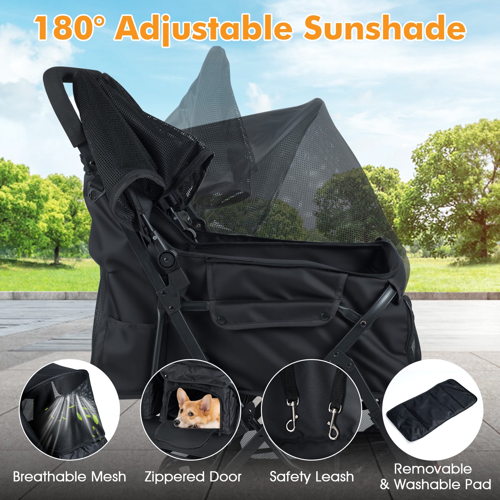 Foldable Double Pet Stroller, Adjustable Sunshade, Storage Basket, Black Cat Supplies at Gallery Canada