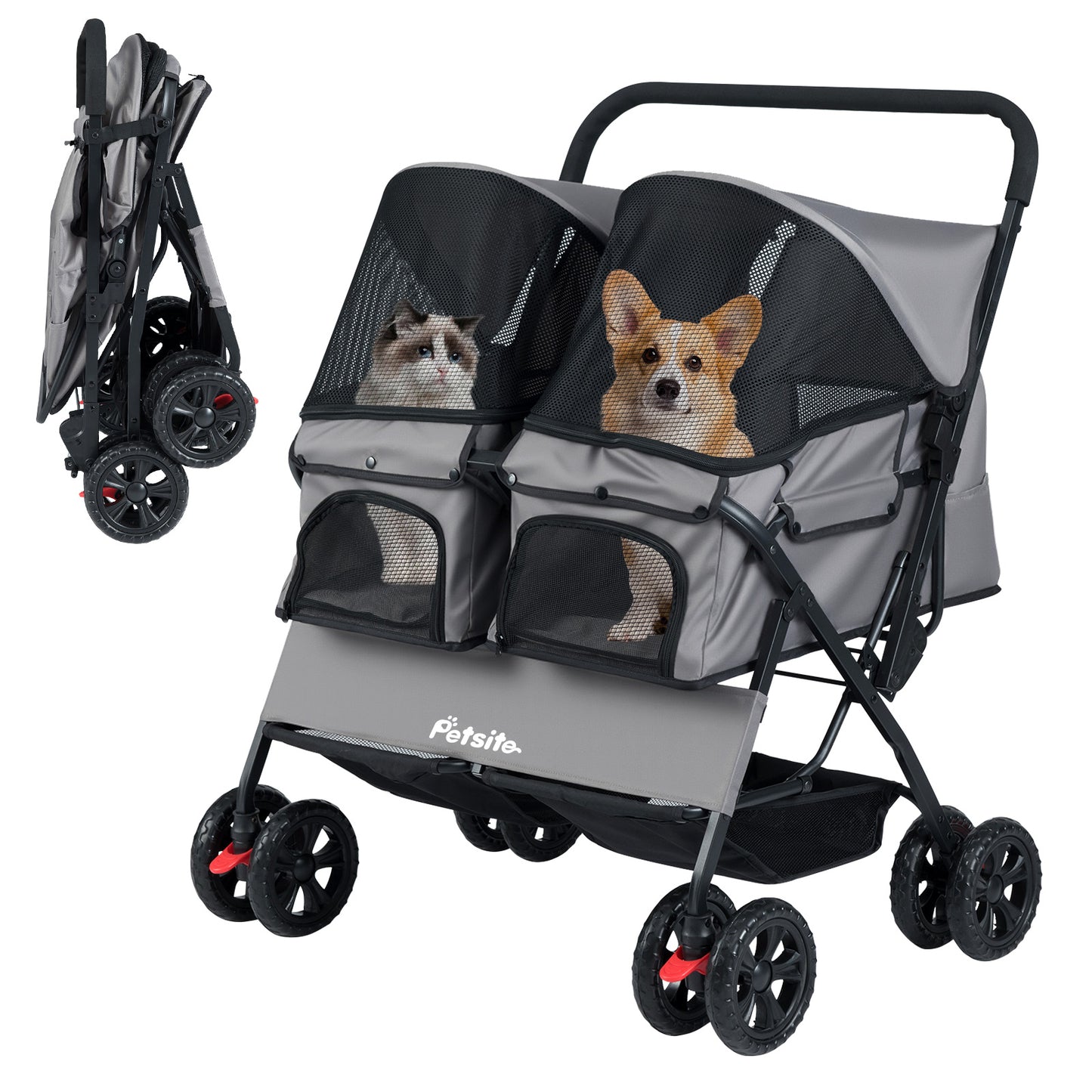 Foldable Double Pet Stroller, Adjustable Sunshade, Storage Basket, Gray Cat Supplies at Gallery Canada