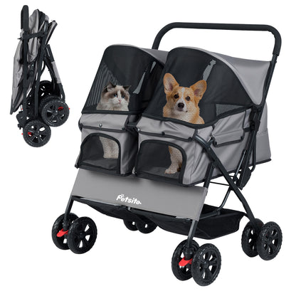 Foldable Double Pet Stroller, Adjustable Sunshade, Storage Basket, Gray Cat Supplies at Gallery Canada