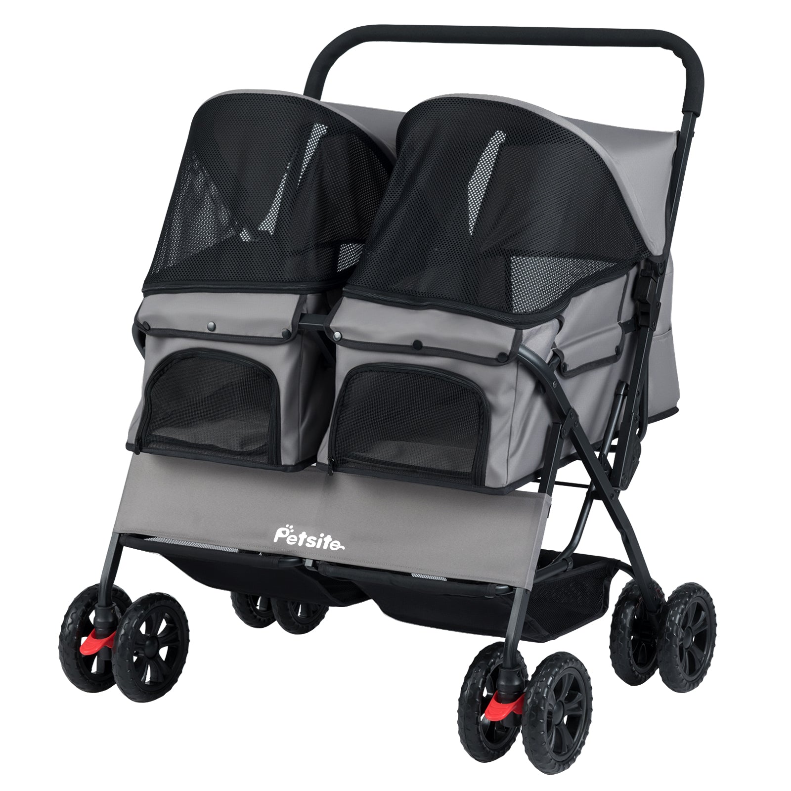 Foldable Double Pet Stroller, Adjustable Sunshade, Storage Basket, Gray Cat Supplies at Gallery Canada