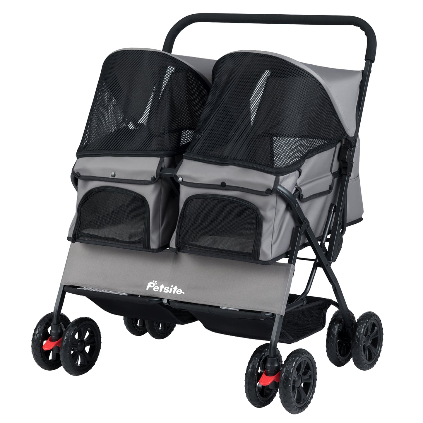 Foldable Double Pet Stroller, Adjustable Sunshade, Storage Basket, Gray Cat Supplies at Gallery Canada
