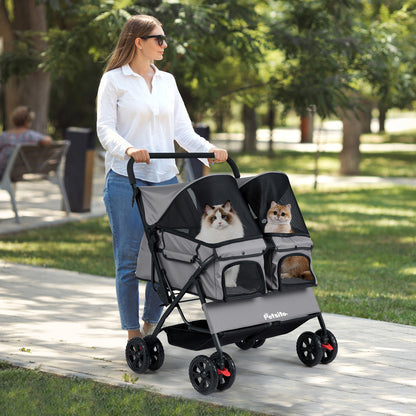 Foldable Double Pet Stroller, Adjustable Sunshade, Storage Basket, Gray Cat Supplies at Gallery Canada