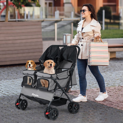 Foldable Double Pet Stroller, Adjustable Sunshade, Storage Basket, Gray Cat Supplies at Gallery Canada