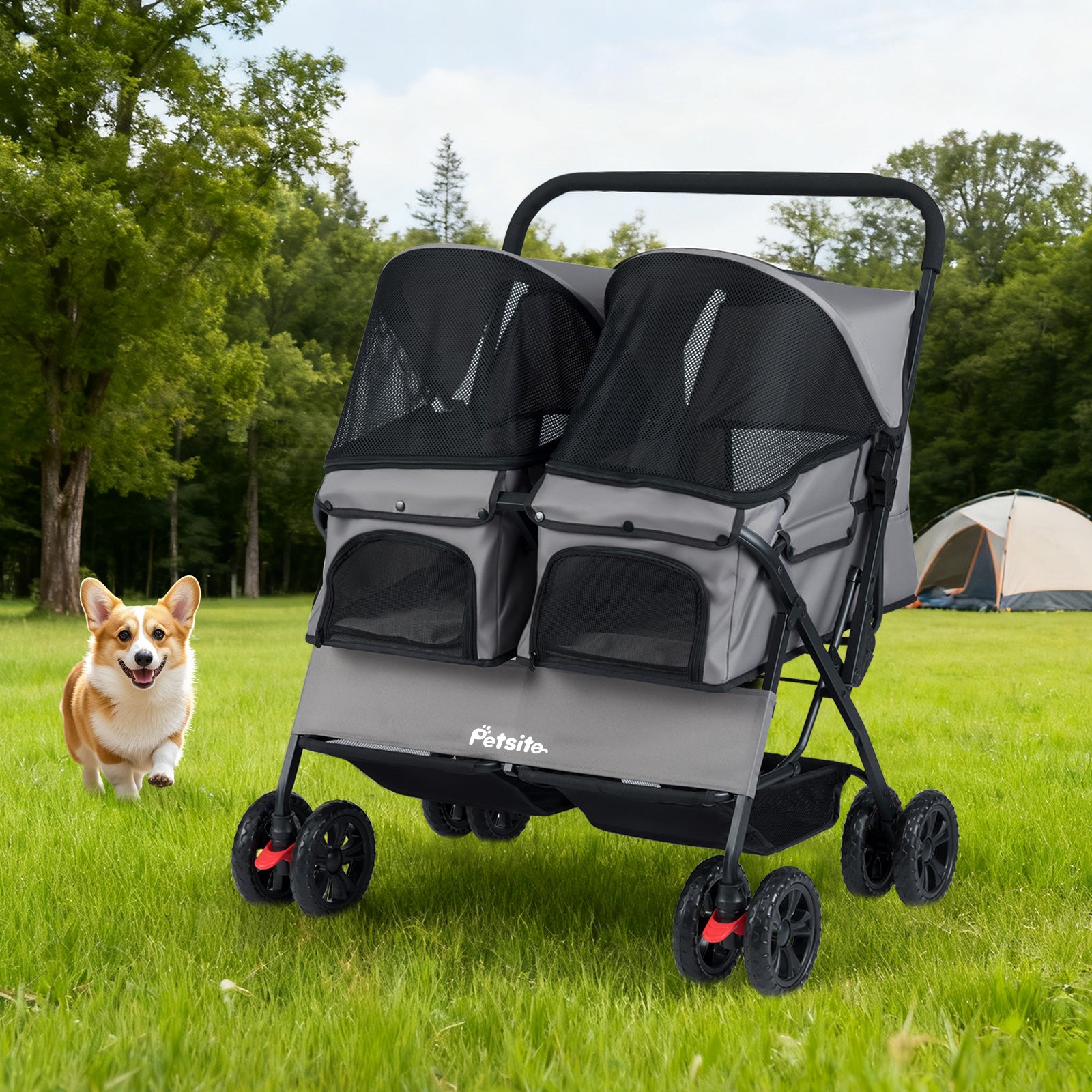 Foldable Double Pet Stroller, Adjustable Sunshade, Storage Basket, Gray Cat Supplies at Gallery Canada
