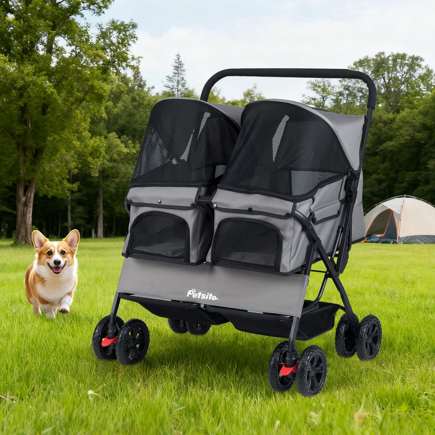 Foldable Double Pet Stroller, Adjustable Sunshade, Storage Basket, Gray Cat Supplies at Gallery Canada