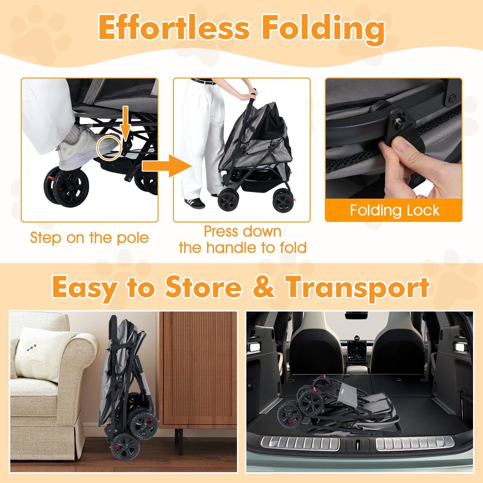 Foldable Double Pet Stroller, Adjustable Sunshade, Storage Basket, Gray Cat Supplies at Gallery Canada