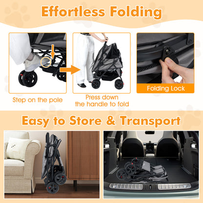 Foldable Double Pet Stroller, Adjustable Sunshade, Storage Basket, Gray Cat Supplies at Gallery Canada