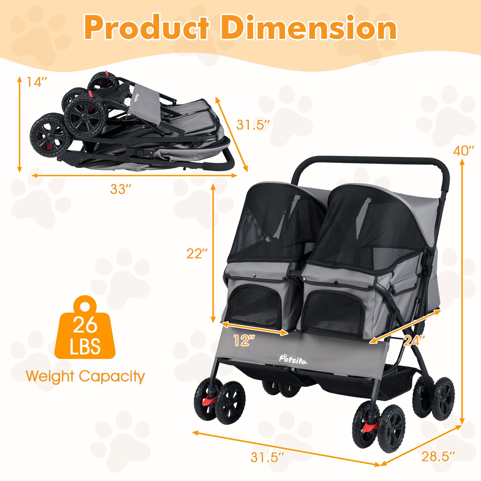 Foldable Double Pet Stroller, Adjustable Sunshade, Storage Basket, Gray Cat Supplies at Gallery Canada