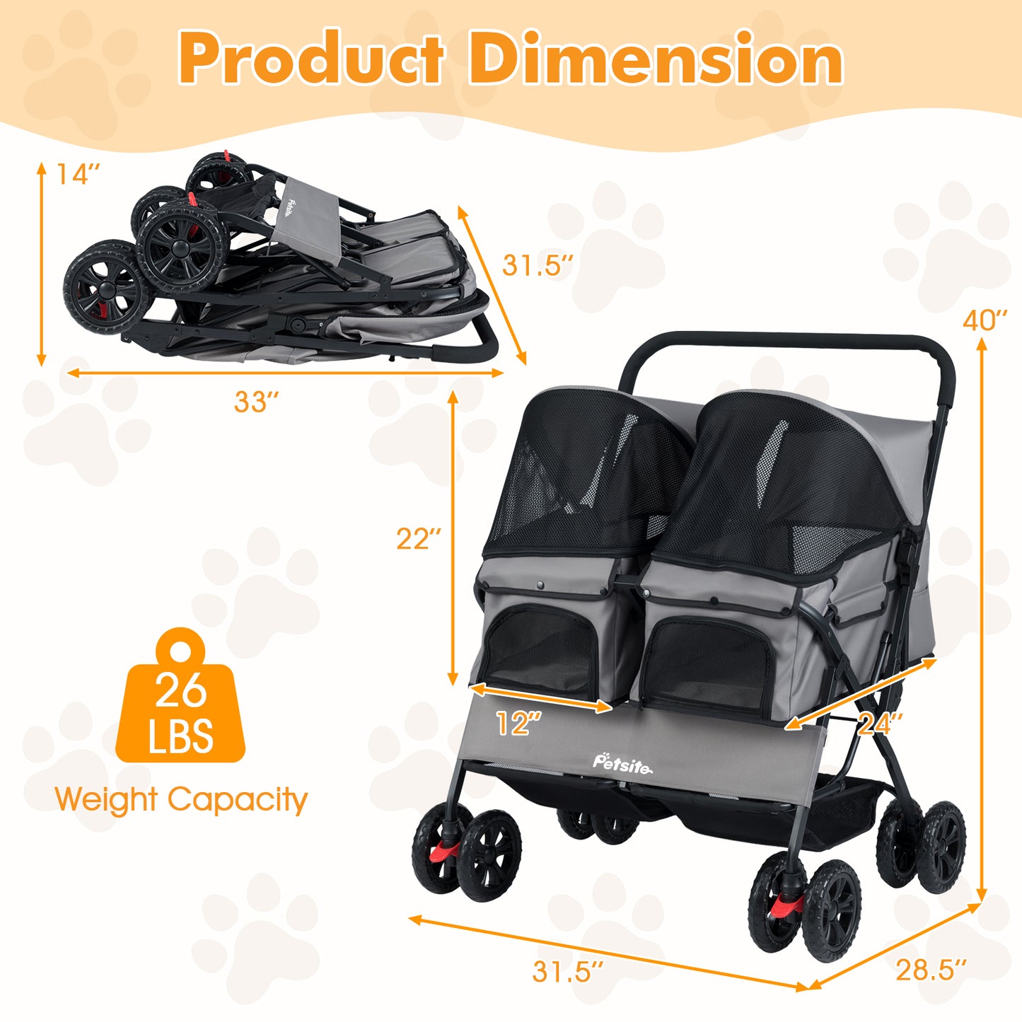 Foldable Double Pet Stroller, Adjustable Sunshade, Storage Basket, Gray Cat Supplies at Gallery Canada