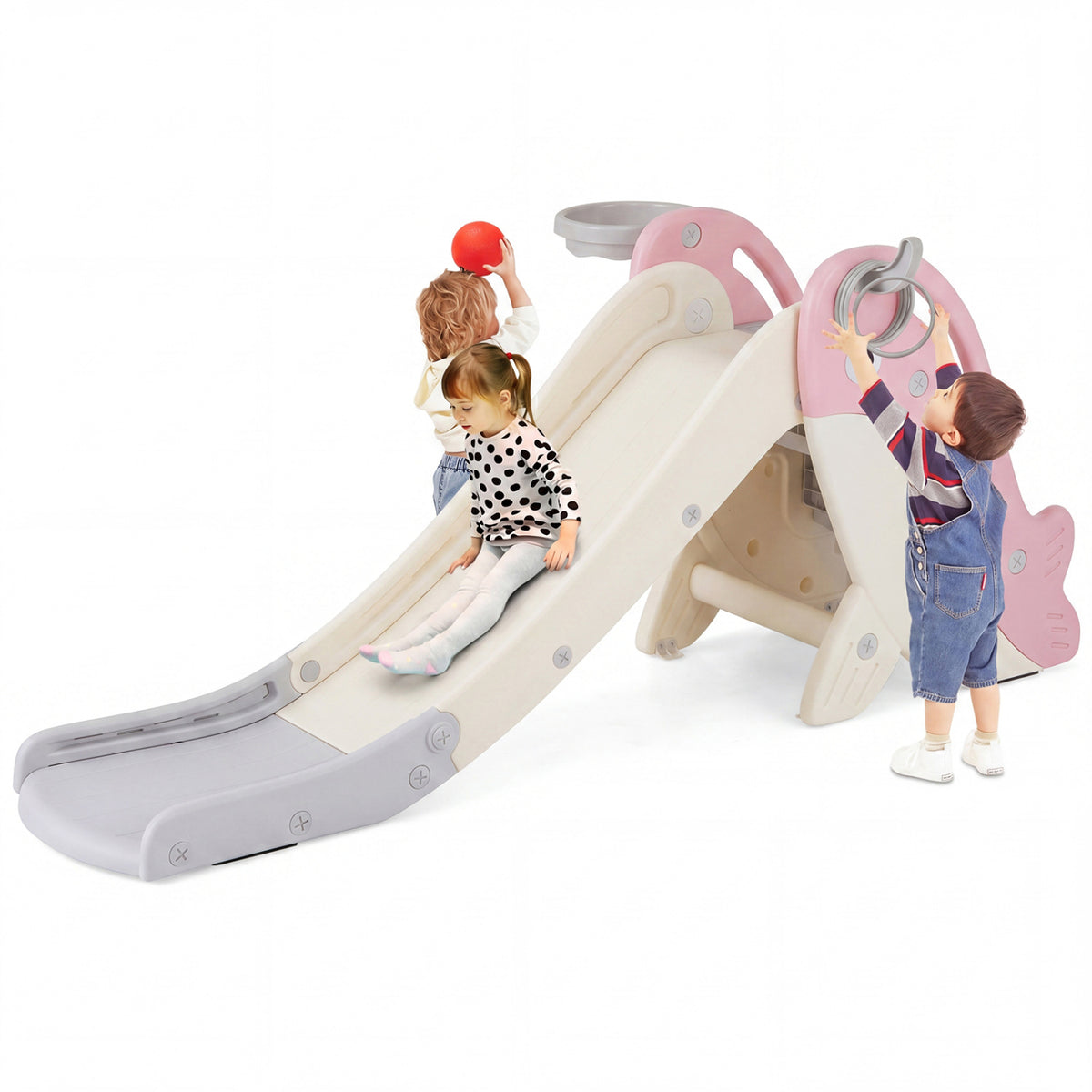 Foldable Baby Slide Climber Playset With Basketball Hoop, Pink Climbers & Slides Pink at Gallery Canada