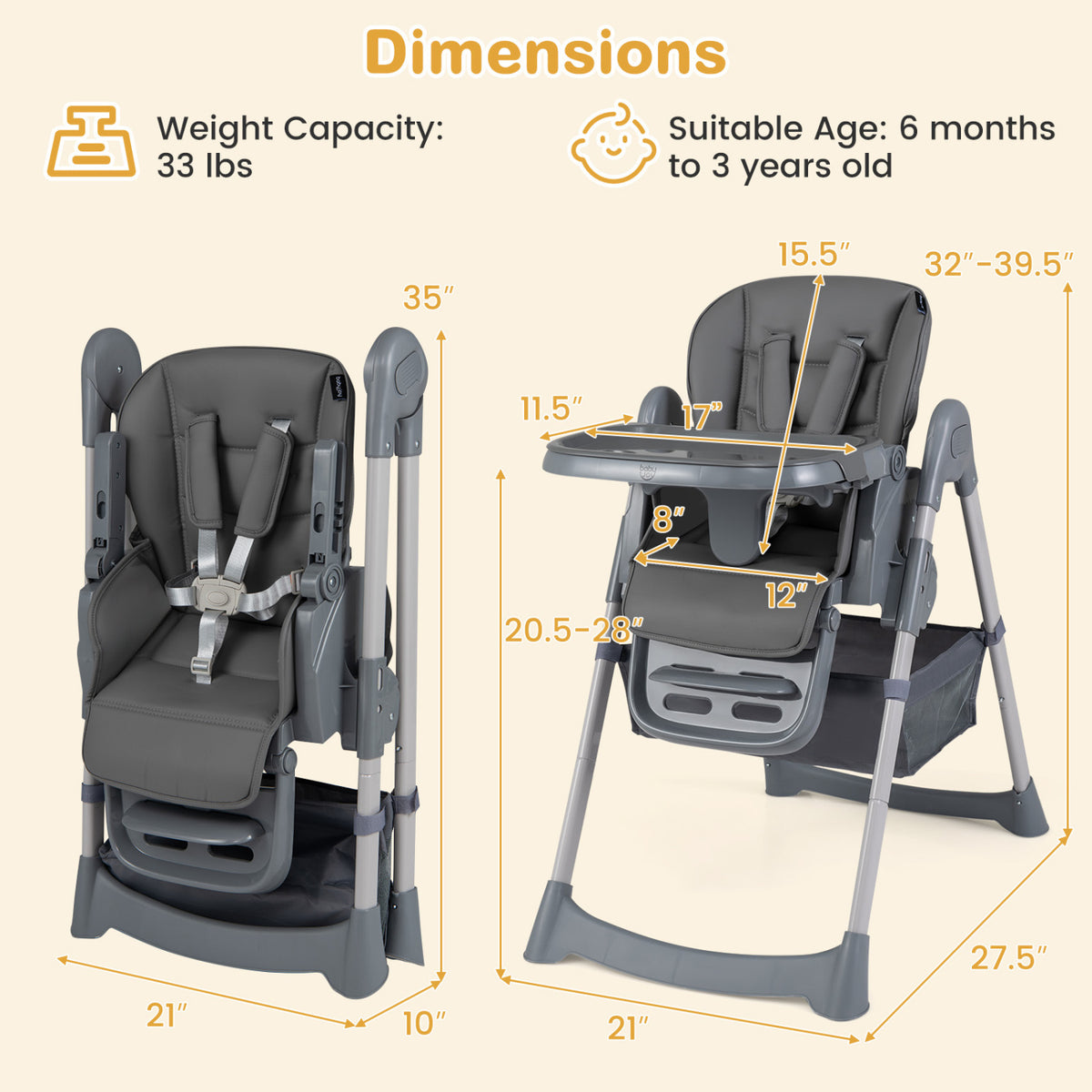 Foldable High Chair, 7-Level Height Adjustment, Gray High Chairs at Gallery Canada