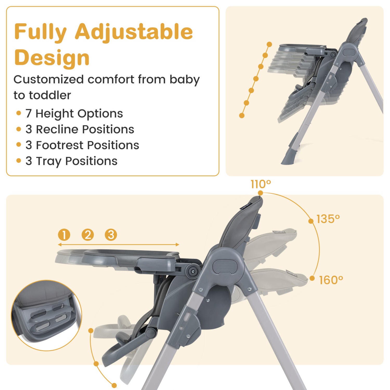 Foldable High Chair, 7-Level Height Adjustment, Gray High Chairs at Gallery Canada