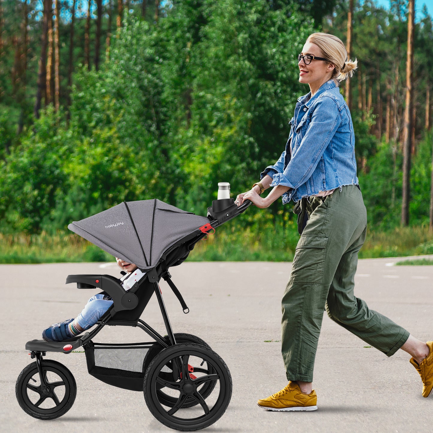 Foldable Jogging Stroller with Detachable Tray and Air-Filled Rubber Tires, Gray Baby Strollers at Gallery Canada