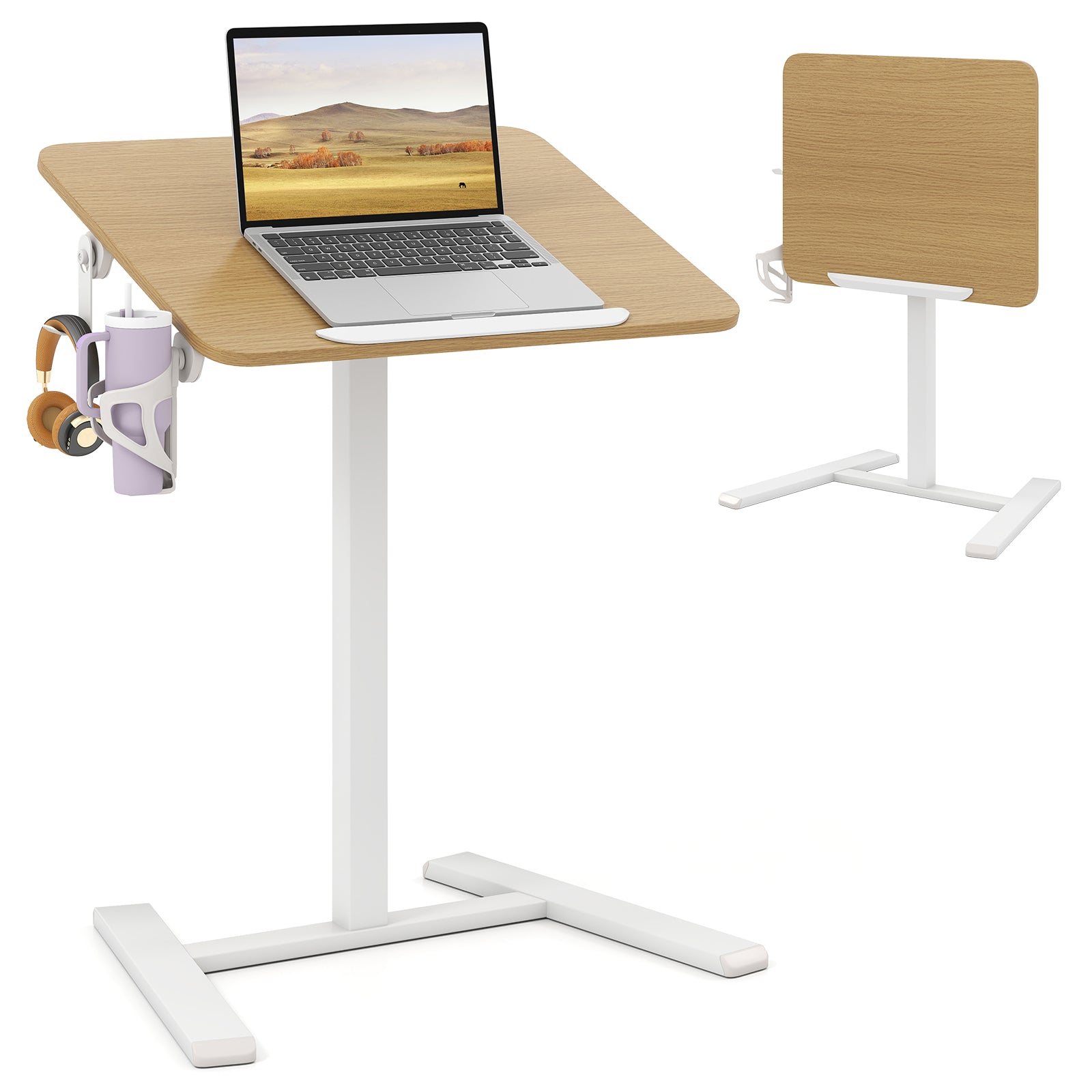 Foldable Mobile Standing Desk With Hook And Cup Holder, Natural Computer Desks Natural at Gallery Canada