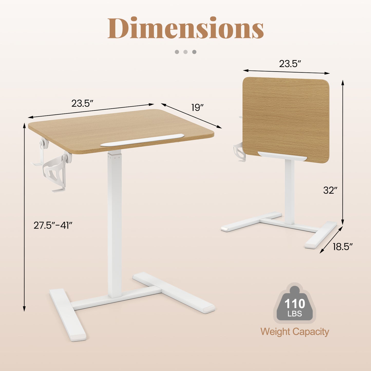 Foldable Mobile Standing Desk With Hook And Cup Holder, Natural Computer Desks at Gallery Canada