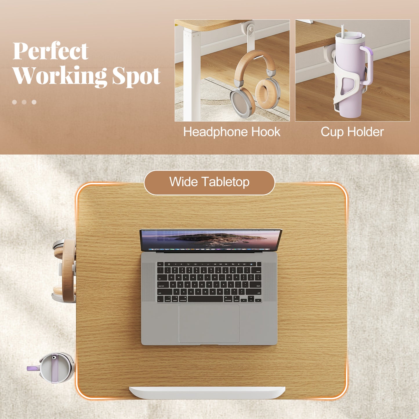 Foldable Mobile Standing Desk With Hook And Cup Holder, Natural Computer Desks at Gallery Canada