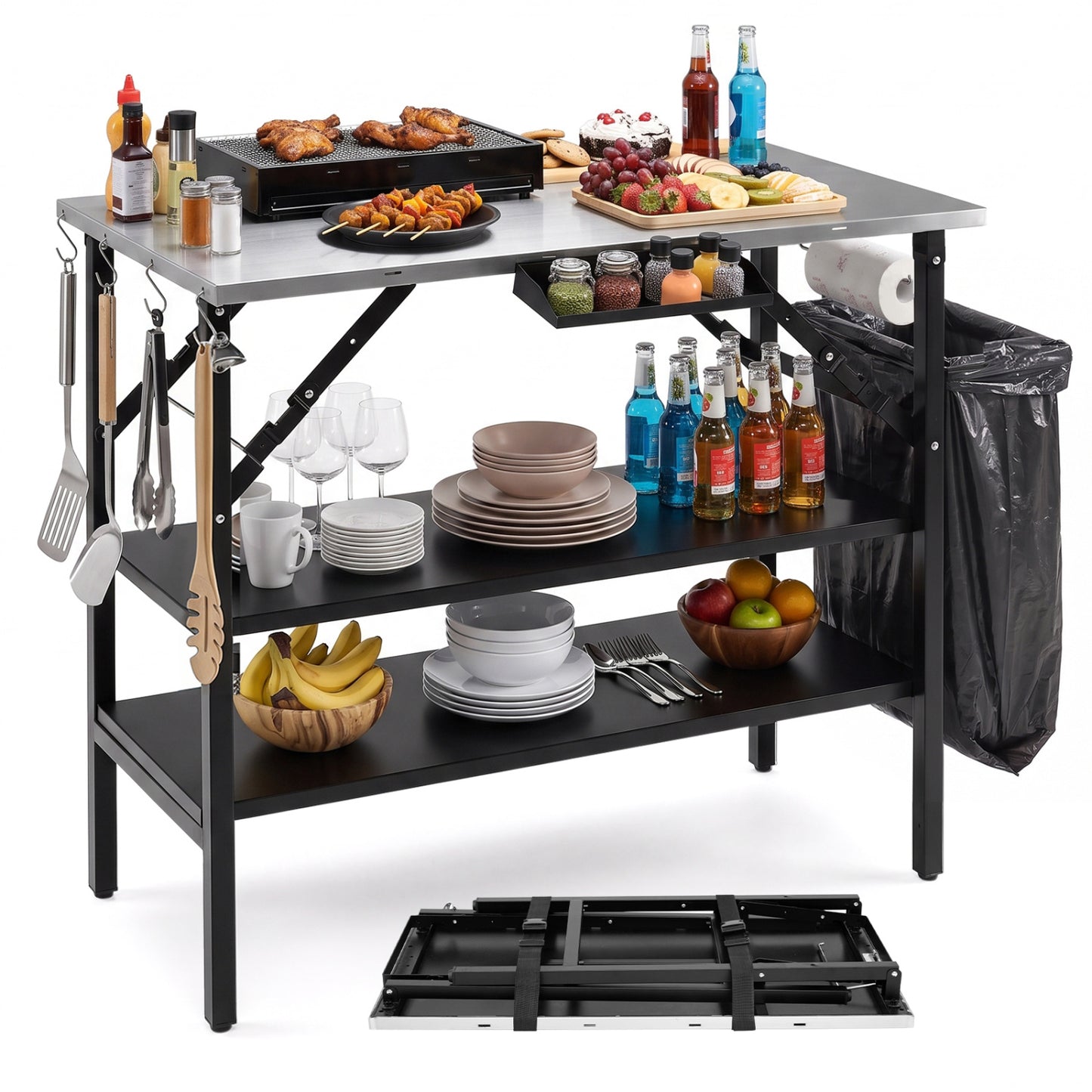 Foldable Outdoor Cook Station with Shelves, Black