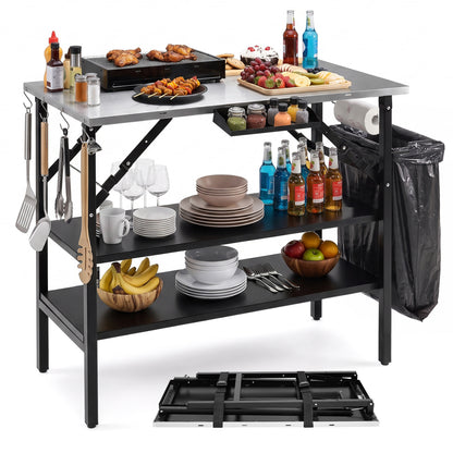 Foldable Outdoor Cook Station with Shelves, Black