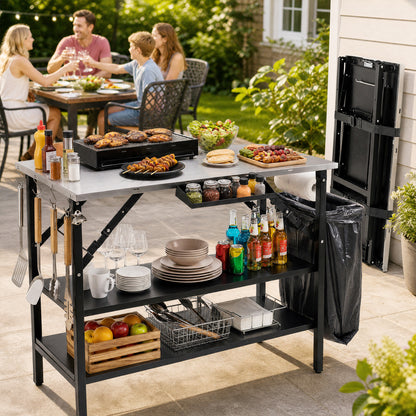 Foldable Outdoor Cook Station with Shelves, Black