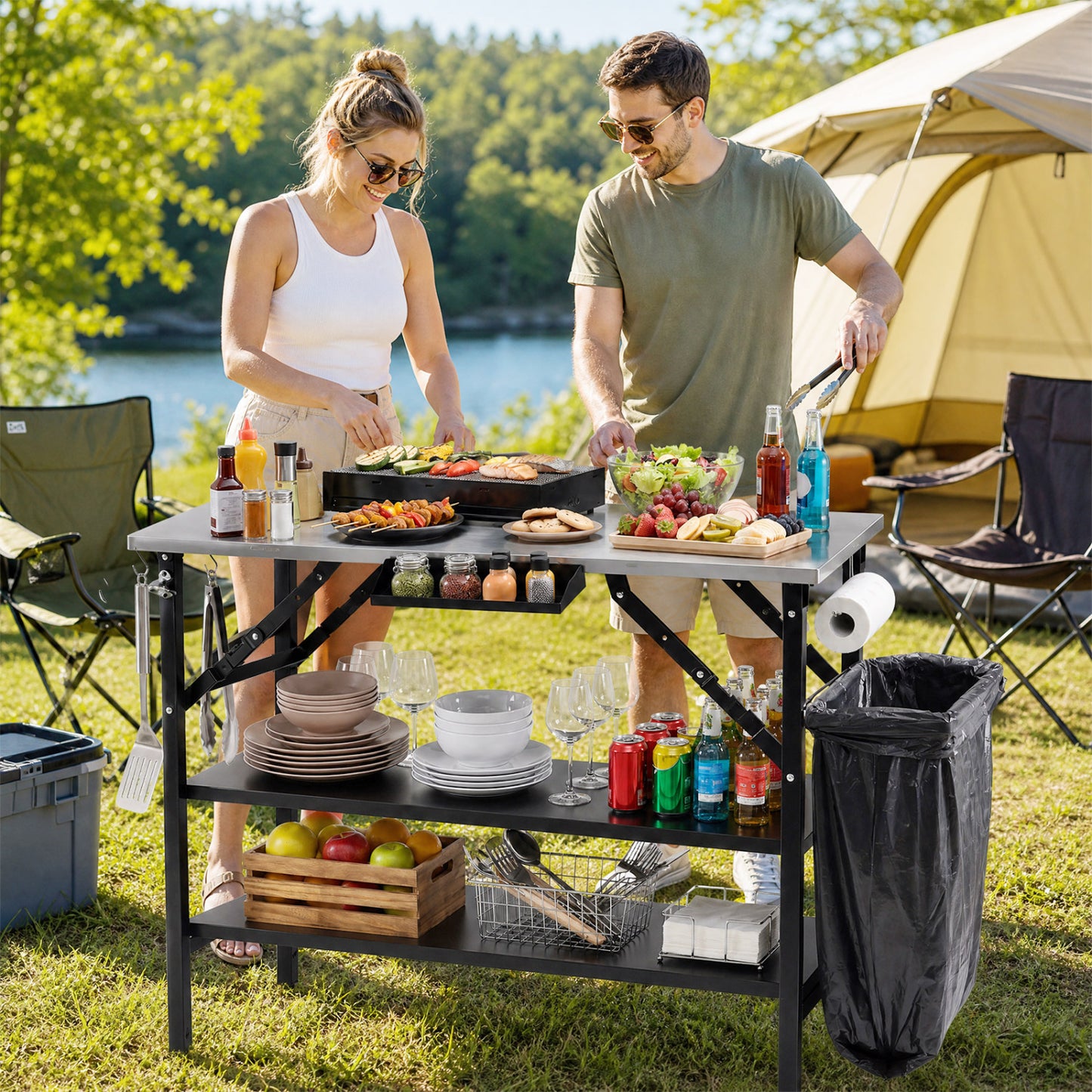 Foldable Outdoor Cook Station with Shelves, Black