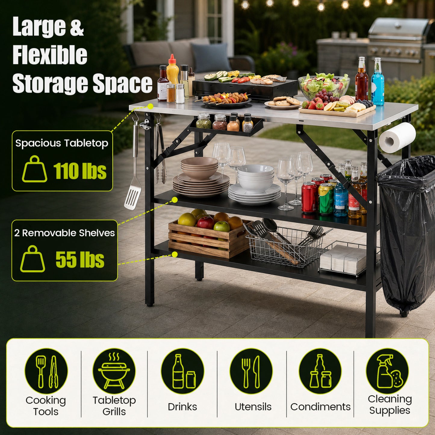 Foldable Outdoor Cook Station with Shelves, Black