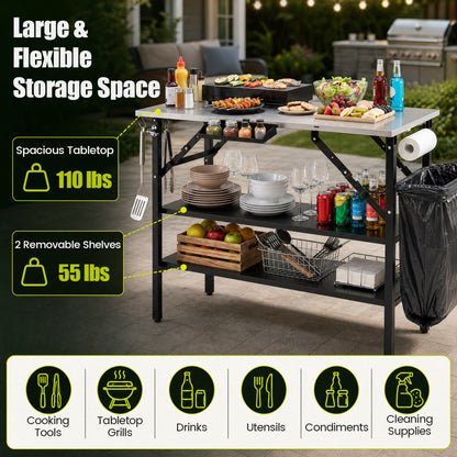 Foldable Outdoor Cook Station with Shelves, Black