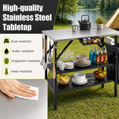 Foldable Outdoor Cook Station with Shelves, Black