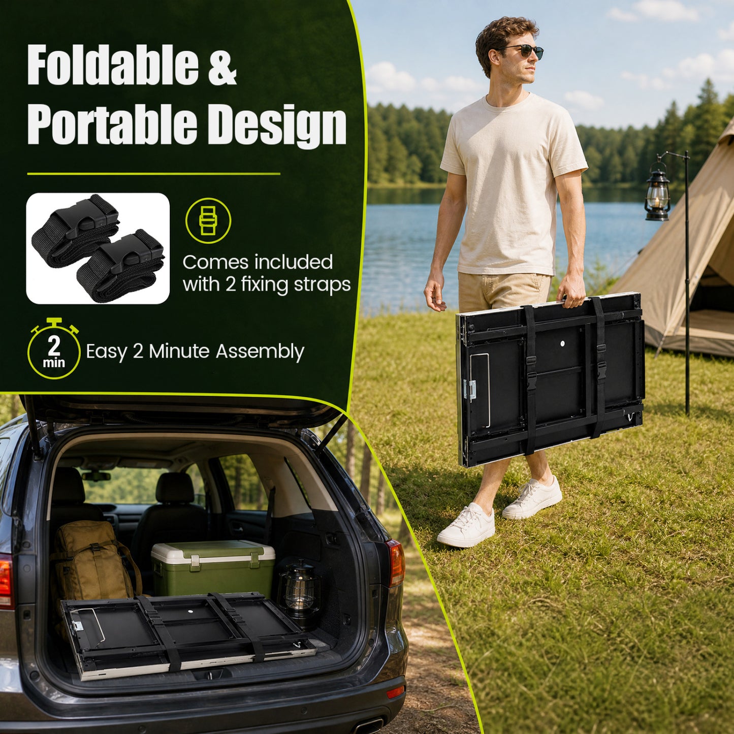 Foldable Outdoor Cook Station with Shelves, Black