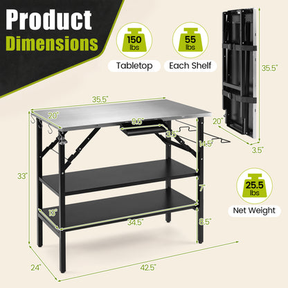 Foldable Outdoor Cook Station with Shelves, Black