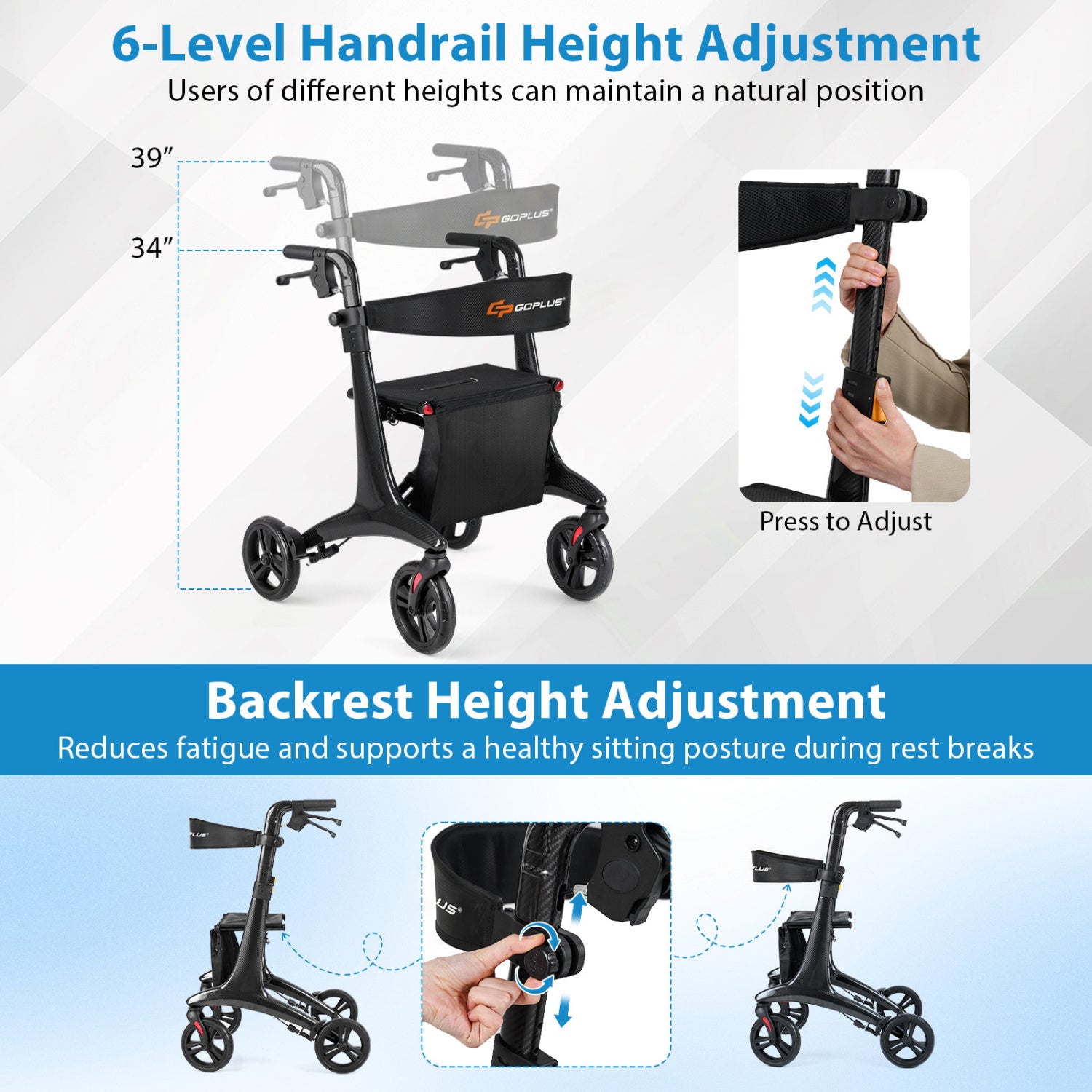 Foldable Rollator Rolling Walker with Seat for Seniors, Black Walkers & Rollators at Gallery Canada