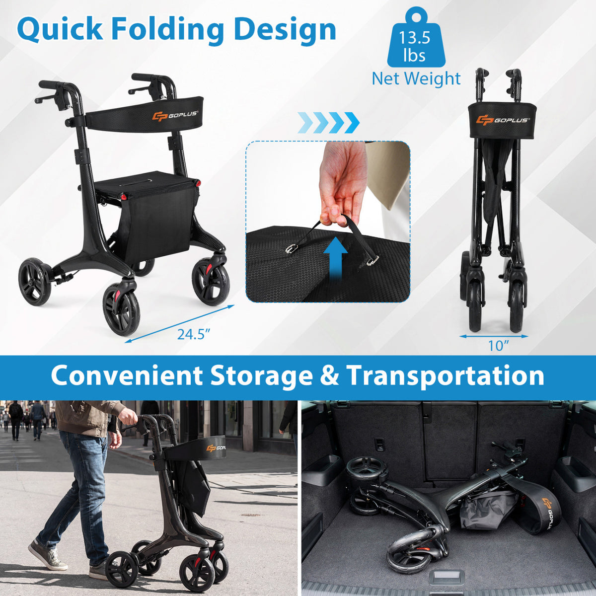 Foldable Rollator Rolling Walker with Seat for Seniors, Black Walkers & Rollators at Gallery Canada
