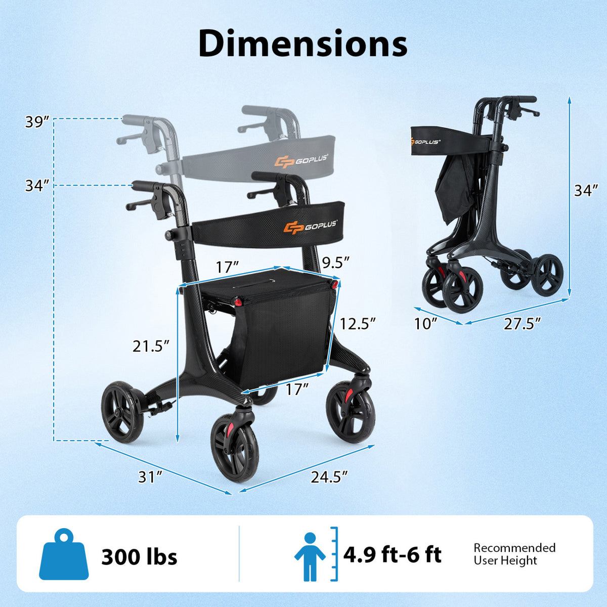 Foldable Rollator Rolling Walker with Seat for Seniors, Black Walkers & Rollators at Gallery Canada