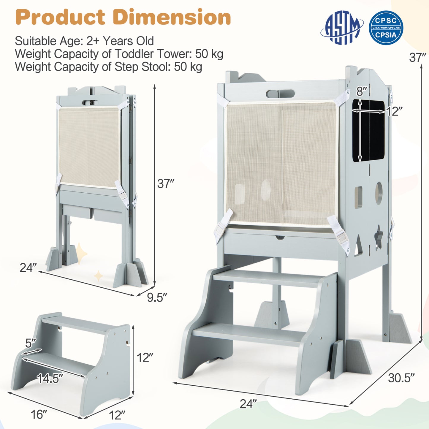 Foldable Toddler Step Stool With Chalkboards, 2-Step, Gray Nursery Furniture at Gallery Canada