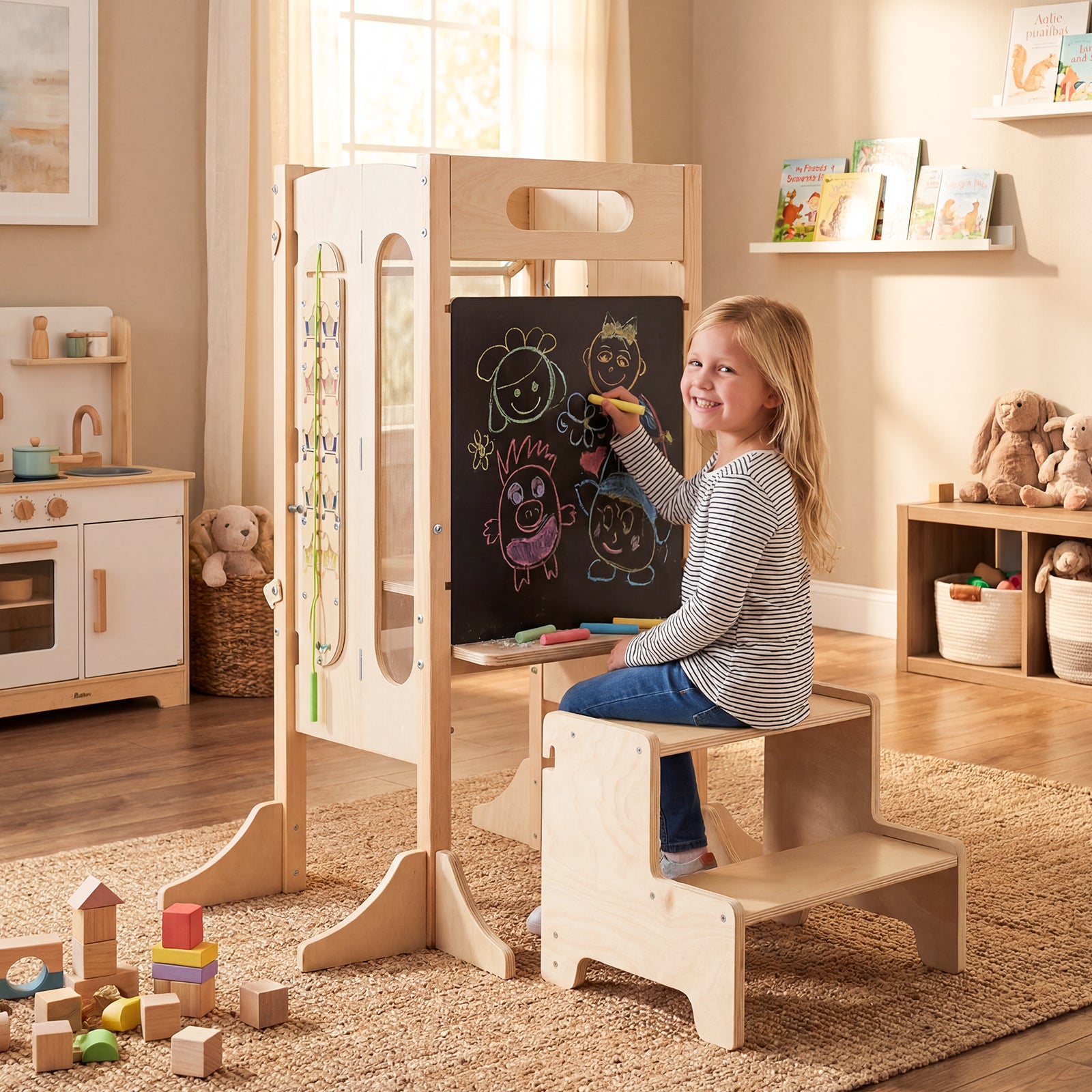 Foldable Toddler Tower with 2-Step Stool and Safety Net for 3+ Years Old Toddler & Kids Furniture at Gallery Canada
